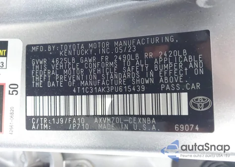 2023 Toyota Camry Le Hybrid from USA, damaged, VIN 4T1C31AK3PU615439